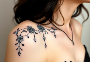 Vintage floral lace and delicate jewelry inspired with draping chains and 5 pointed crystal star charms. Make it cover the entire upper arm/shoulder please tattoo idea