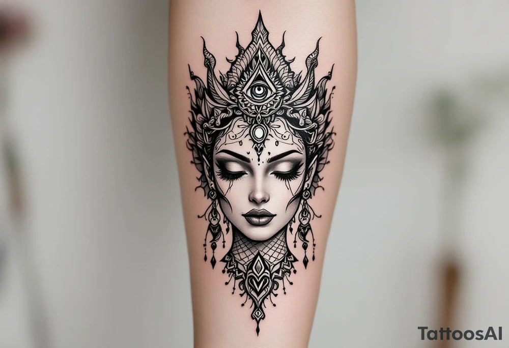 beautiful woman dmt deity with 3rd eye open tattoo idea