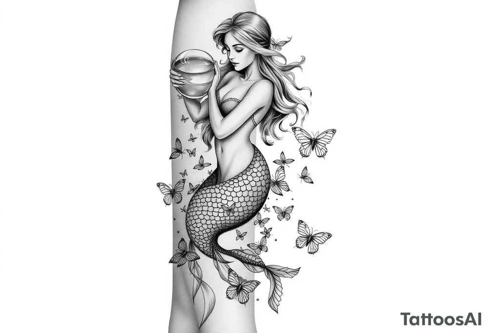 Aquarius goddess with mermaid tail Carrying  water bearer over her shoulder spilling water to the floor with a pisces fish in
Leading to butterflies tattoo idea