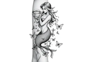 Aquarius goddess with mermaid tail Carrying  water bearer over her shoulder spilling water to the floor with a pisces fish in
Leading to butterflies tattoo idea