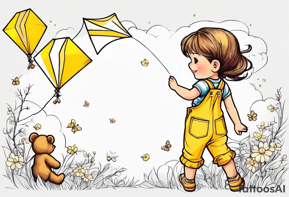 back image of a little girl flying a kite with a teddy bear in yellow overalls beside her tattoo idea