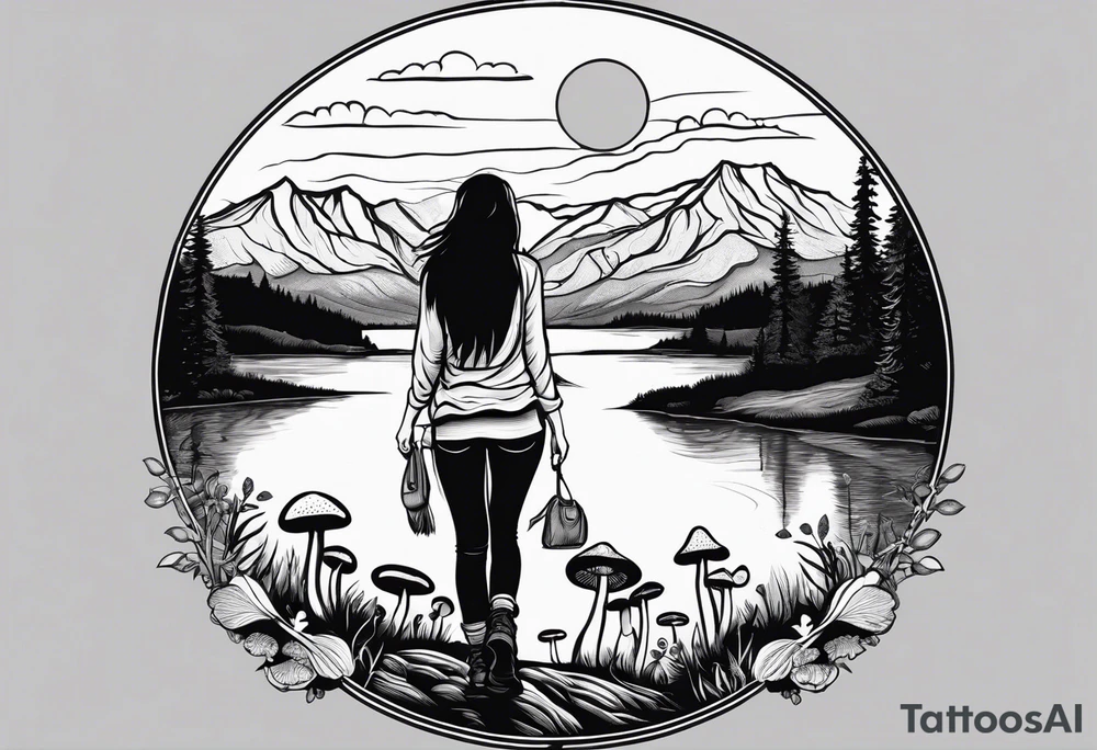 Whole picture within a circle Straight long blonde hair hippie girl in distance holding mushrooms in hand facing away toward mountains and creek surrounded by mushrooms tee shirt hiking pants hiking boots tattoo idea