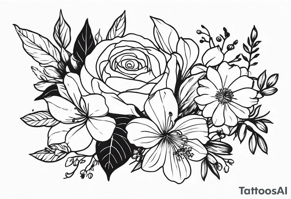 flower bouquet on upper outer arm with birth flower of April and September tattoo idea