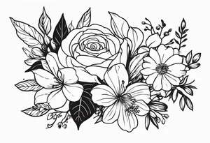 flower bouquet on upper outer arm with birth flower of April and September tattoo idea