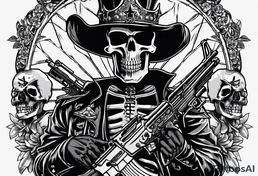 image of a skeleton standing frontally with a crown on his head, holding an AK-47 on his shoulder with his right hand. The chain on the left should be taut, there are three angry barking Dobermans in it, near the waist tattoo idea