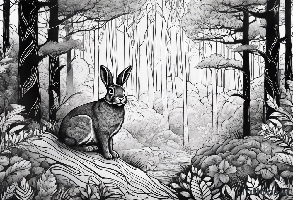 forest with a rabbit between the trees. Tattoo for a female forearm. tattoo idea
