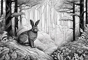 forest with a rabbit between the trees. Tattoo for a female forearm. tattoo idea