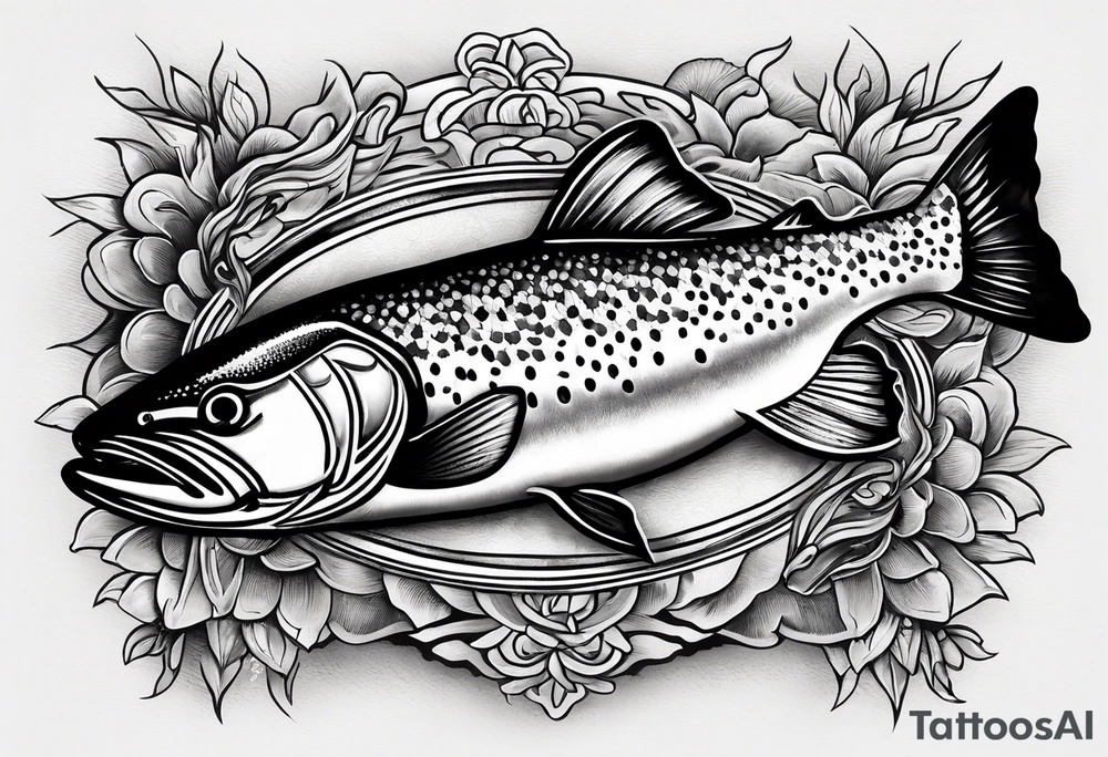 A shaded trout with text that says, 'Como la trucha...' tattoo idea