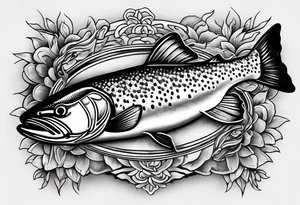 A shaded trout with text that says, 'Como la trucha...' tattoo idea