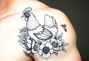 A chicken surrounded by peony , roses and hydrangeas with ladybug on flowers petal with hummingbird tattoo idea