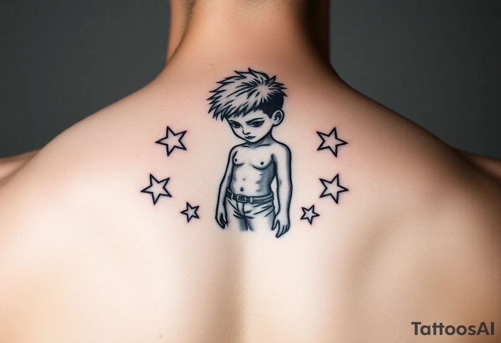 powerful human figure boy with stars around tattoo idea