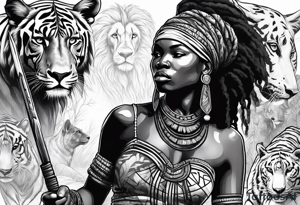 African woman warrior with tribe scars and spear in hand with animals in background tattoo idea