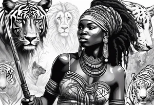 African woman warrior with tribe scars and spear in hand with animals in background tattoo idea