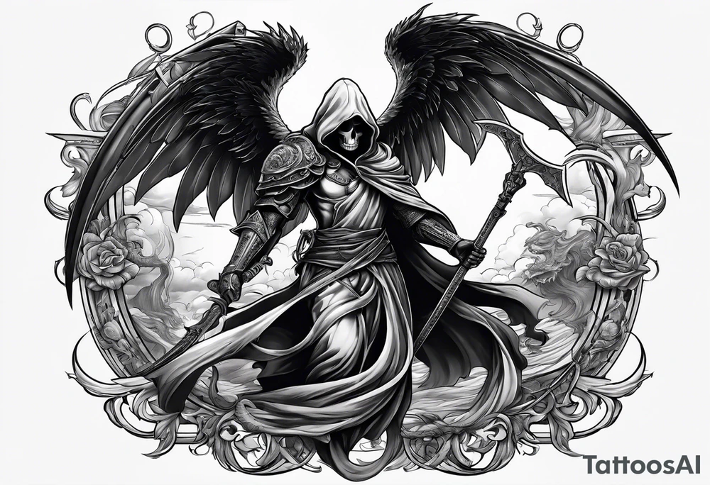 fallen reaper with wings fighting medusa tattoo idea