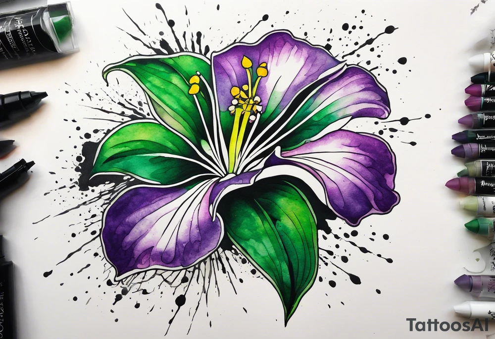 A mystical outline of a rio dipladenia flower and a green/purple watercolor splatter in the background tattoo idea