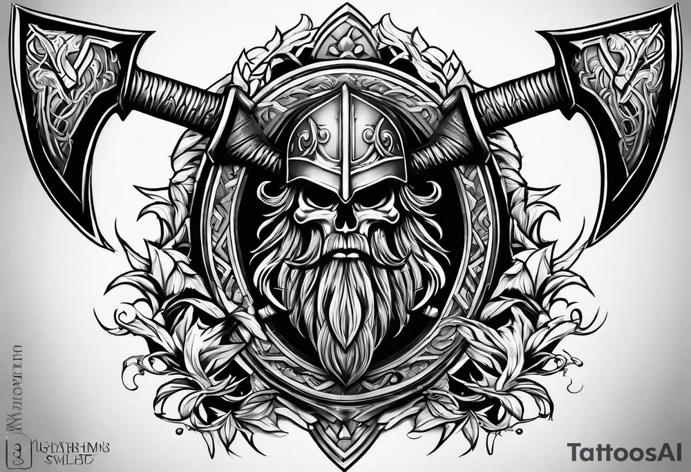 Valhalla sword shield axe mist fog tattoo idea