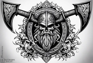 Valhalla sword shield axe mist fog tattoo idea