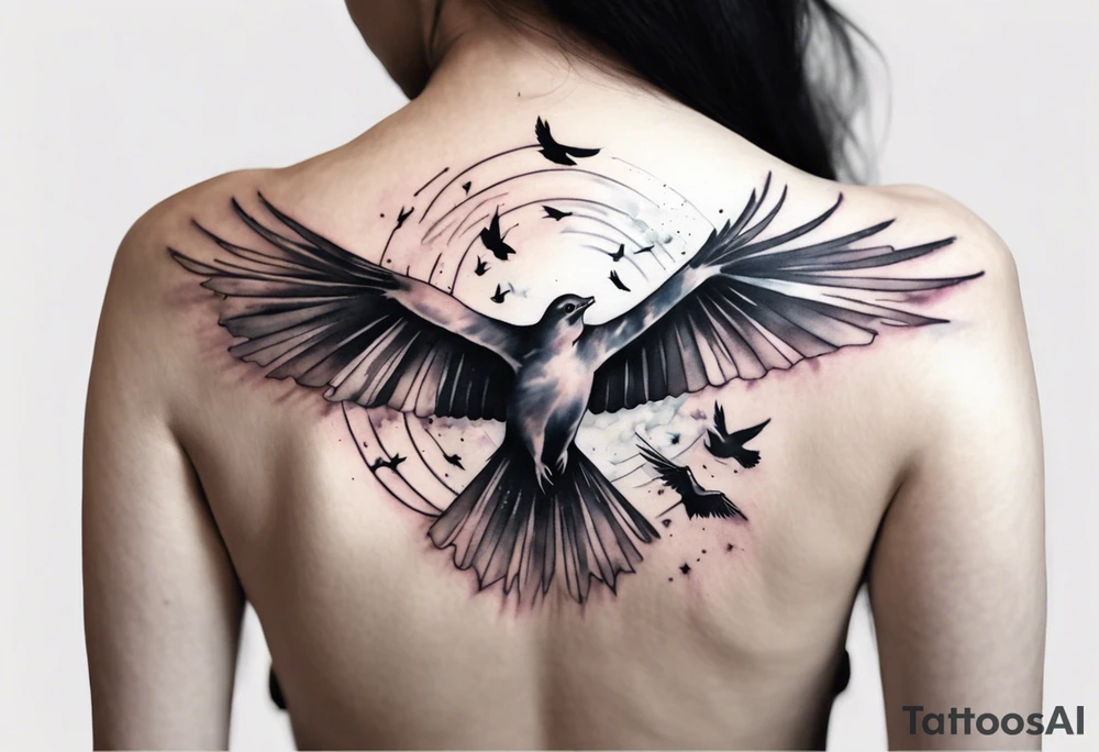 a shoulder tattoo with lots of rays of light in gradient starting from the middle
, clouds and birds flying free tattoo idea