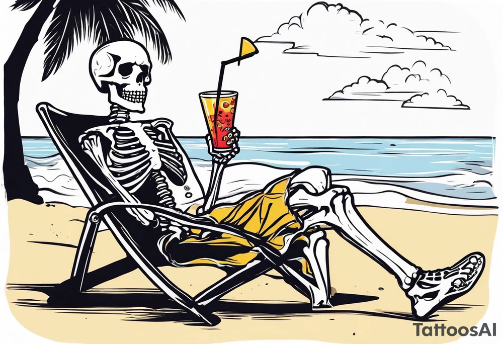 skeleton wearing a button up hawaiian shirt relaxing on the beach with a drink tattoo idea