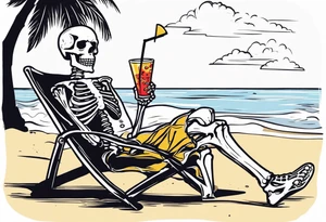 skeleton wearing a button up hawaiian shirt relaxing on the beach with a drink tattoo idea
