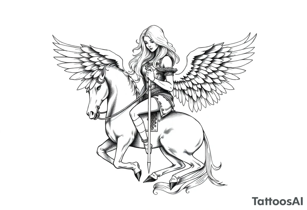 femme blonde cheveux long ondulé, un genou au sol  en armure de chevalier tenant épée vers le bas et de grandes ailes d'anges déployées tattoo idea