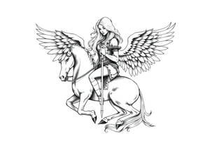 femme blonde cheveux long ondulé, un genou au sol  en armure de chevalier tenant épée vers le bas et de grandes ailes d'anges déployées tattoo idea