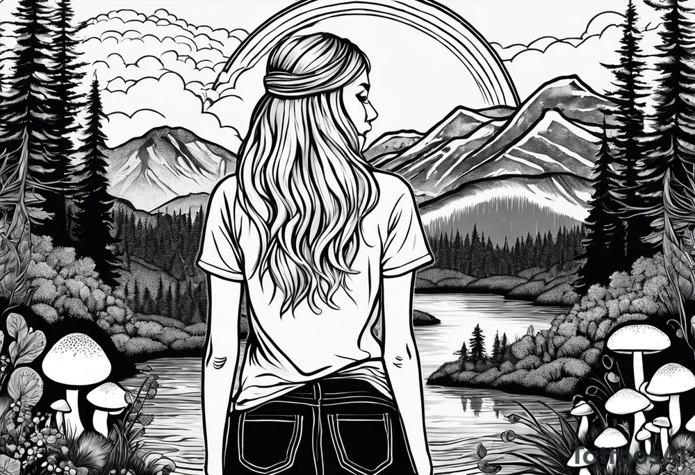 Whole picture encircled fully

Straight long blonde hair hippie girl in distance holding mushrooms in hand facing away toward mountains and creek surrounded by mushrooms tee shirt and hiking pants; whole rendering within a full circle, no cut off circle tattoo idea