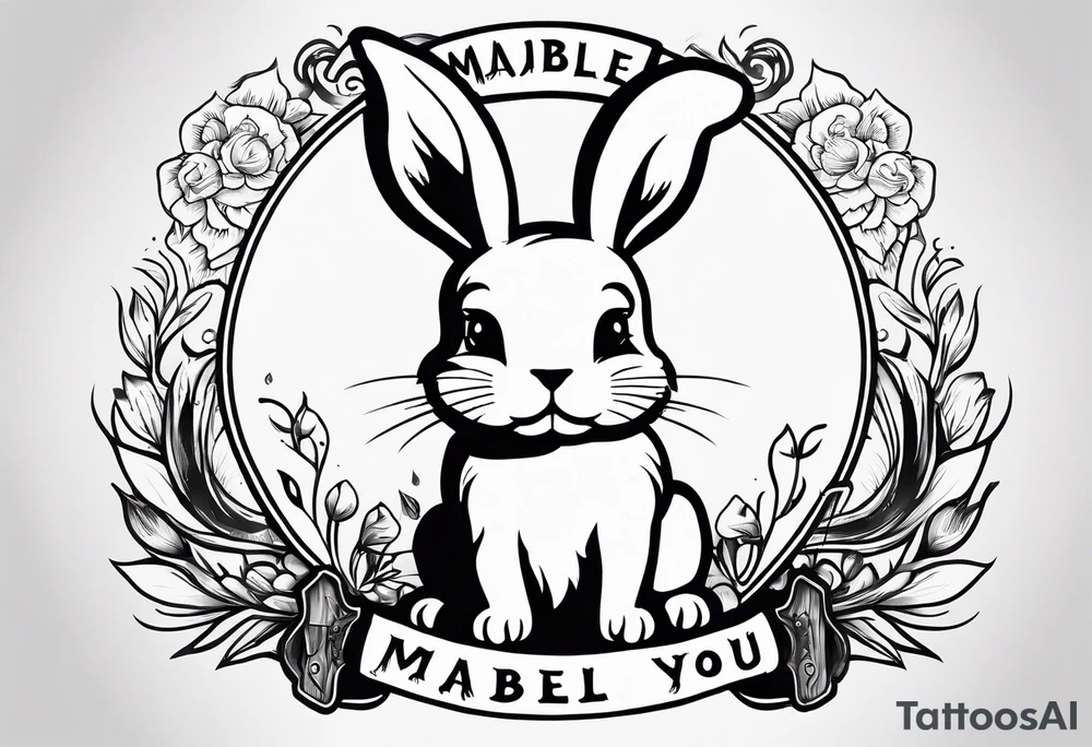 The tattoo is hand drawn. 

Theres a bunny jumping over an axe. Theres a small dog face with the words “Mabel loves you” underneath tattoo idea