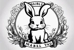 The tattoo is hand drawn. 

Theres a bunny jumping over an axe. Theres a small dog face with the words “Mabel loves you” underneath tattoo idea