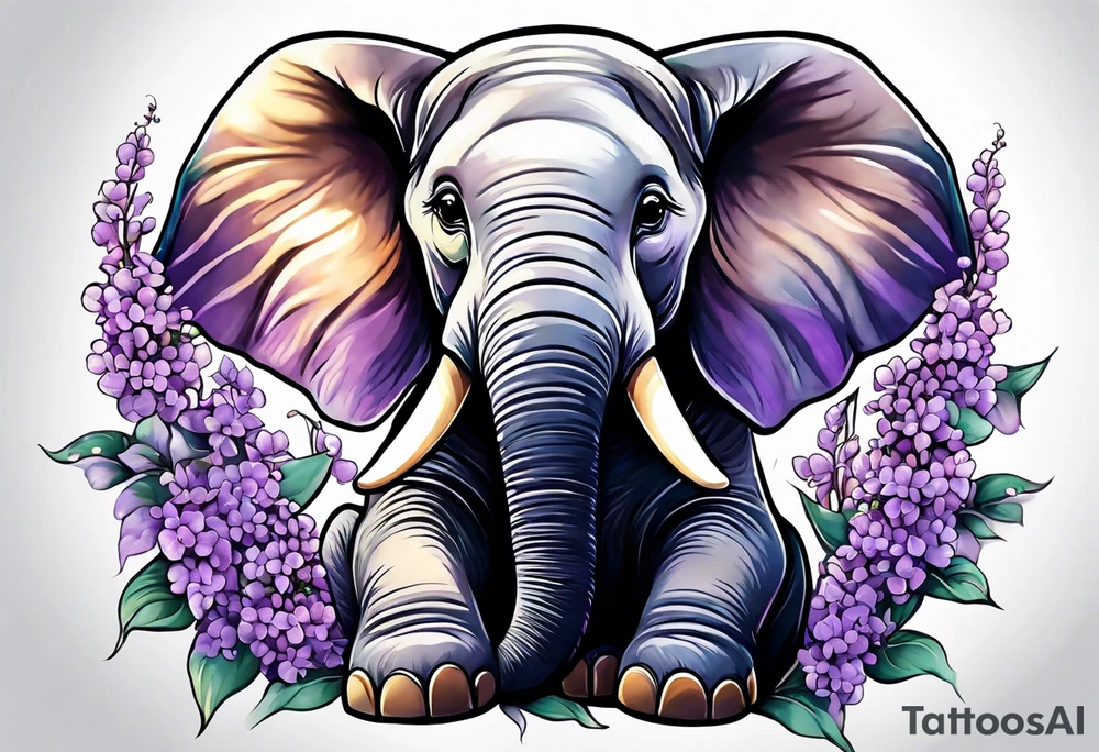 Baby elephant sitting with lilacs in its trunk tattoo idea