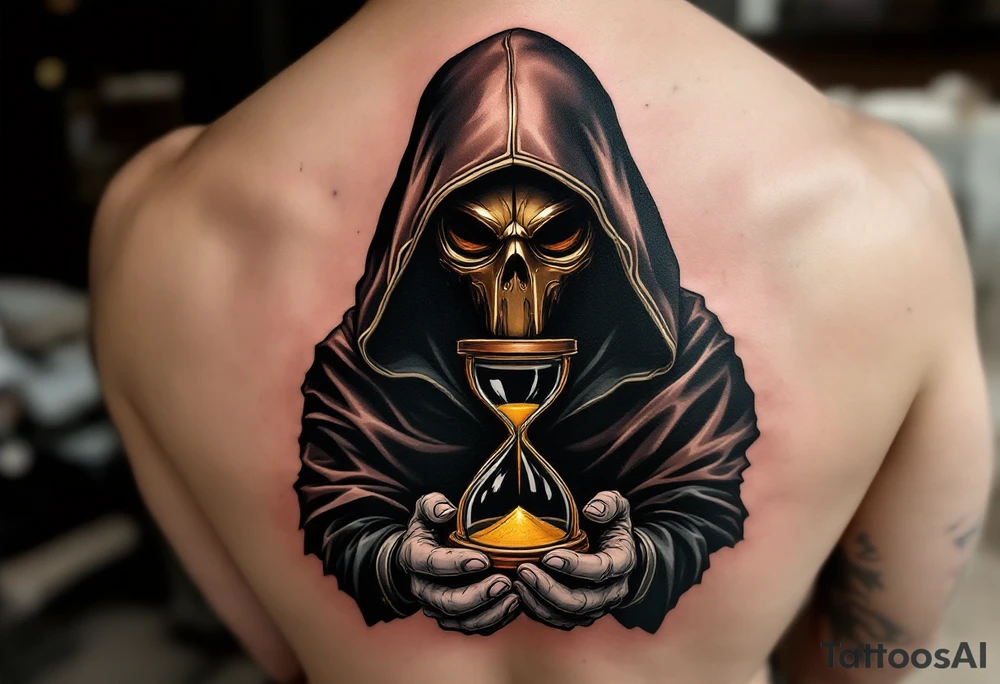 Plague Doctor with Hourglass – A mysterious doctor holding an old wooden hourglass with golden sand flowing inside. The mask is deep brown with brass accents, and the robe is black with silver lining. tattoo idea