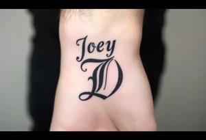 The words Joey D written with a large scale fancy J at the start tattoo idea