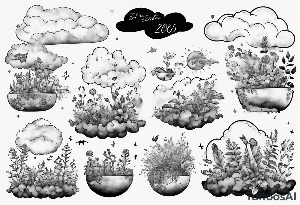clouds with little plants and the date 12.08.05 tattoo idea