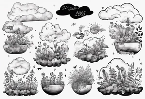 clouds with little plants and the date 12.08.05 tattoo idea