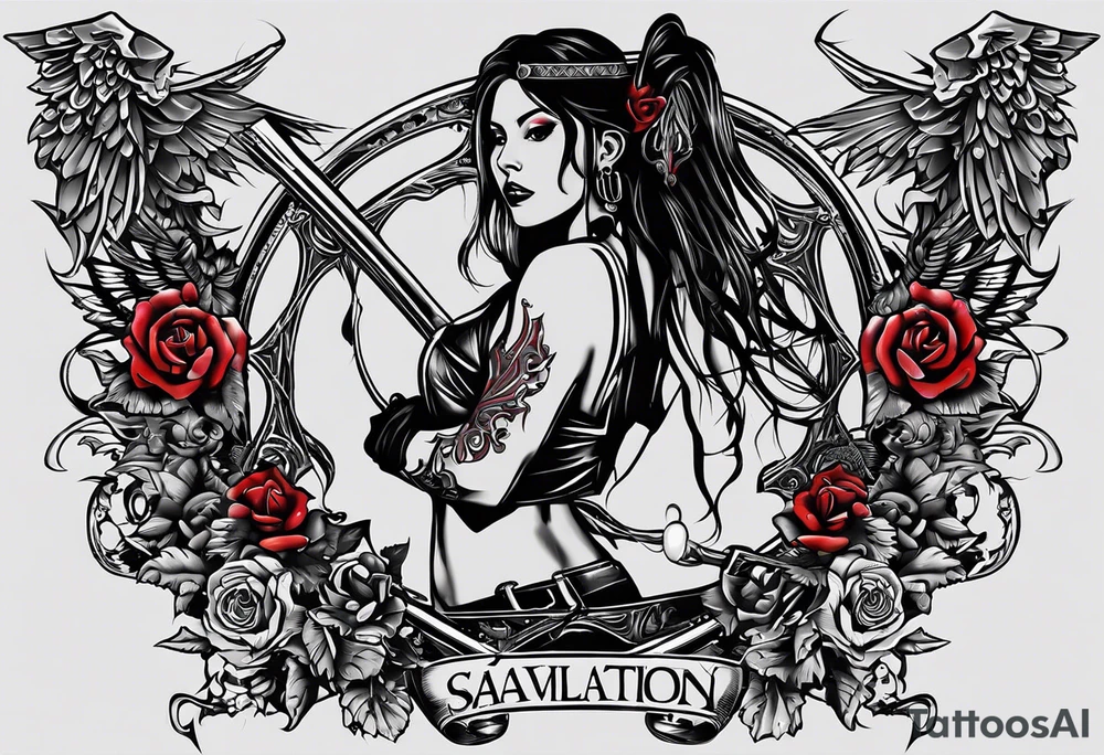 My tattoo idea is a female well endowed angle holding two items in her hand which is a glock in the right an a joint in the left behind her is gremlins with blades an sickles surrounding her an under all of that the word salvation is earned with blooding dripping from the words tattoo idea