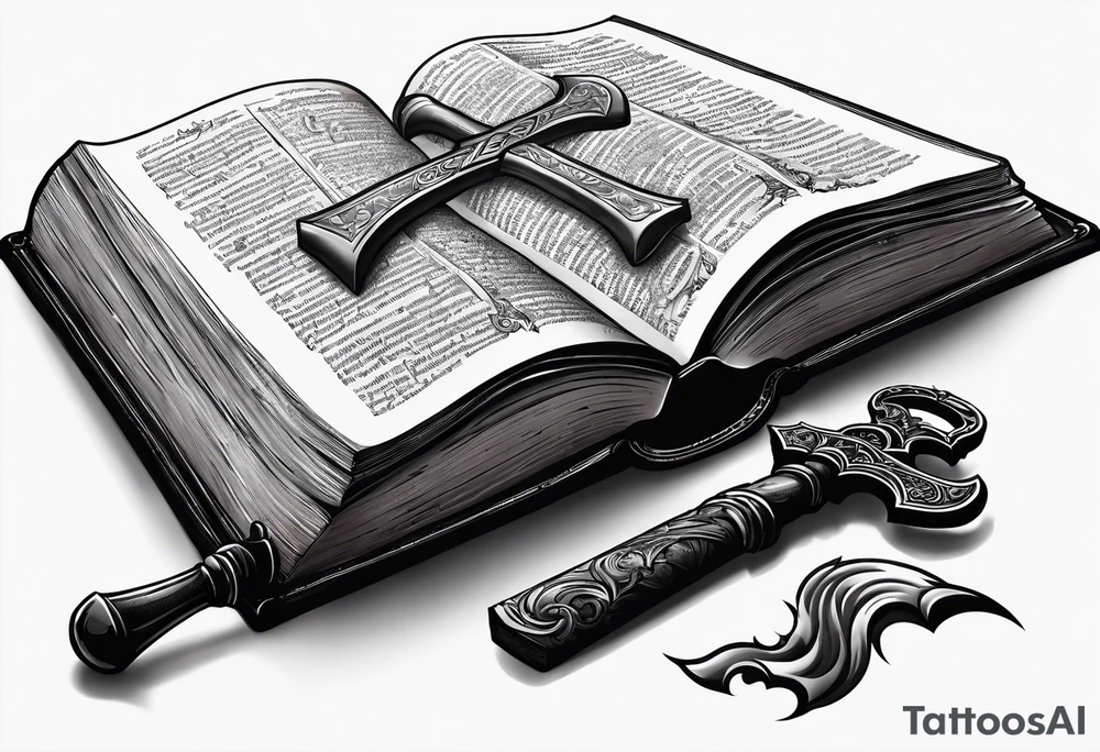 An opened bible with a battle Axe tattoo idea