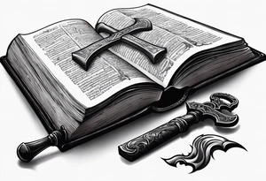 An opened bible with a battle Axe tattoo idea