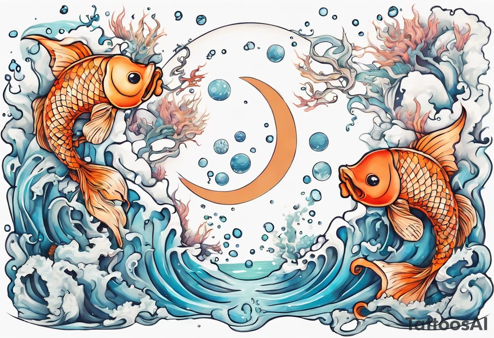 Water scene, featuring koi karp, jellyfish, seahorses and the moon. With nods to Pisces. tattoo idea