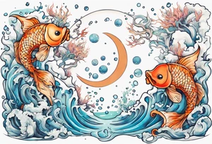 Water scene, featuring koi karp, jellyfish, seahorses and the moon. With nods to Pisces. tattoo idea