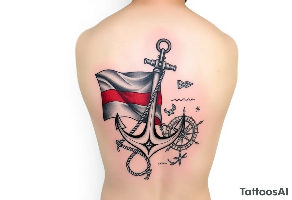Generate a tattoo template for a single lower leg sleeve featuring a British merchant navy red ensign flag, a plimsoll line, a fouled anchor, nautical ropes and knots, a pilot ladder, a nautical compass with the needle pointing North West, elements of a nautical chart of the East Yorkshire coast, and the southern cross star constellation, Humber bridge, Whitby abbey, contours from around Whitby and coastline, wreck symbols, soundings, 199 steps Whitby tattoo idea