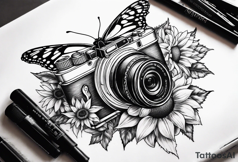 Butterfly, sunflower, camera, book, flower rose tattoo idea Butterfly, sunflower, camera, book, flower rose tattoo idea