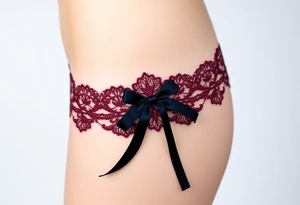 A deep burgundy lace garter tattoo with black velvet ribbon tattoo idea