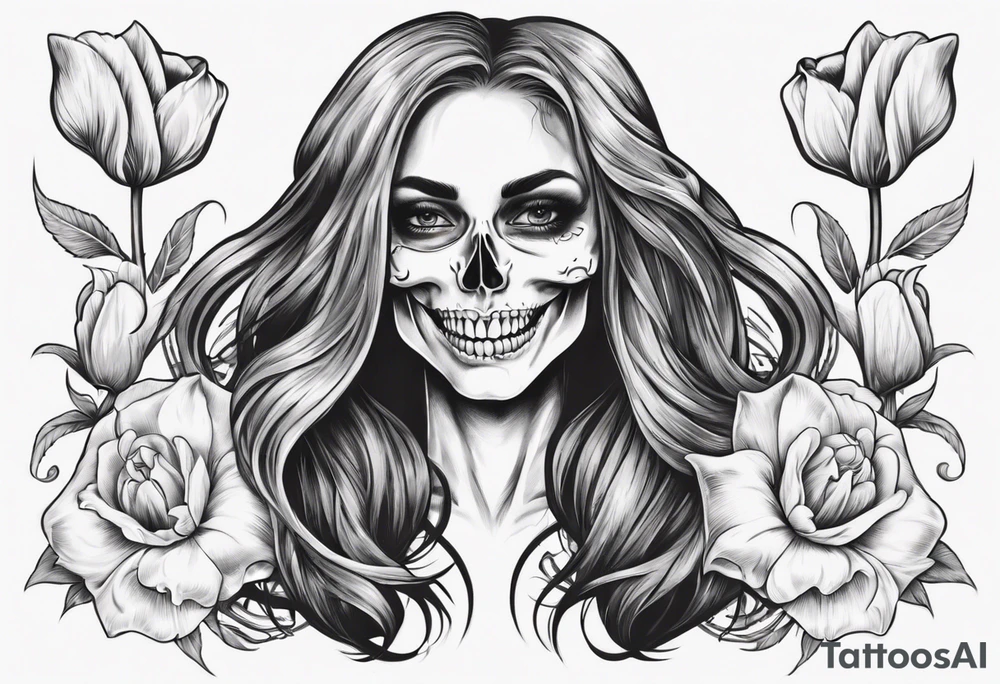female skull with long hair, friendly smile, from side, tulip steem between teeths tattoo idea female skull with long hair, friendly smile, from side, tulip steem between teeths tattoo idea