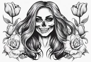 female skull with long hair, friendly smile, from side, tulip steem between teeths tattoo idea