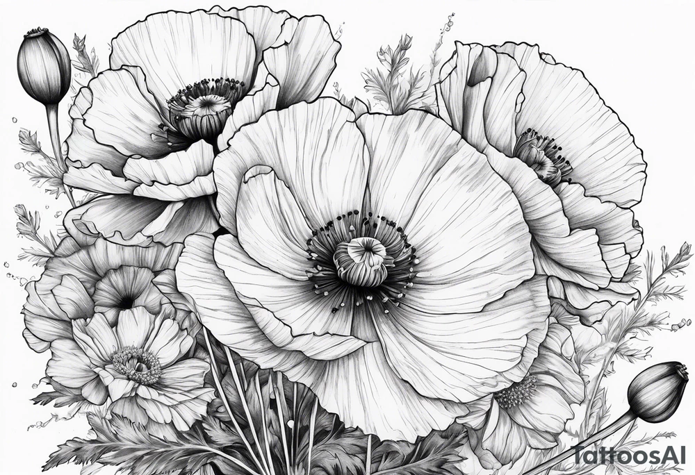Poppies and cosmos bouquet tattoo idea
