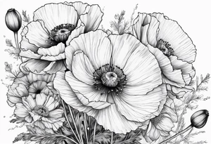 Poppies and cosmos bouquet tattoo idea