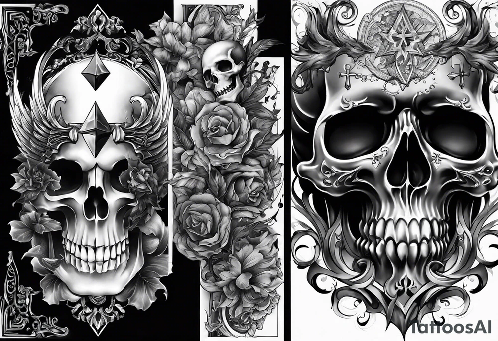 Sleeve tattoo. Good vs evil. Gothic elements, skulls and ancient elements tattoo idea