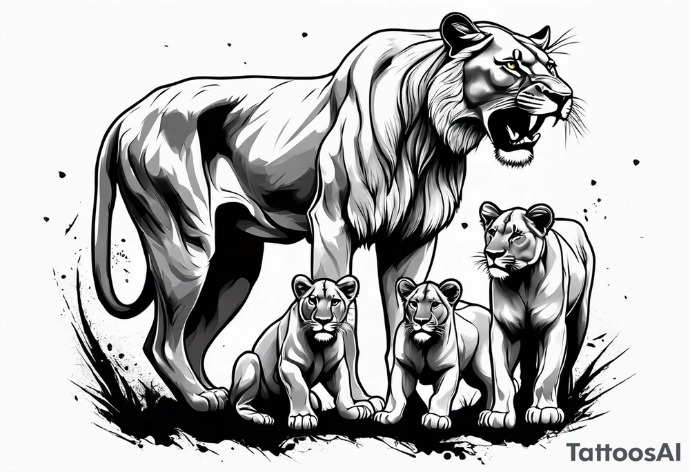 Fierce lioness on her hind legs in a fighting stance  Protecting her two cubs rib tattoo design tattoo idea