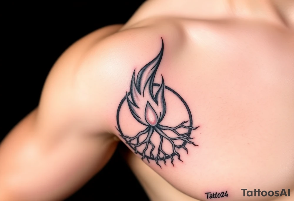 flame in a blooming roots circle tattoo idea