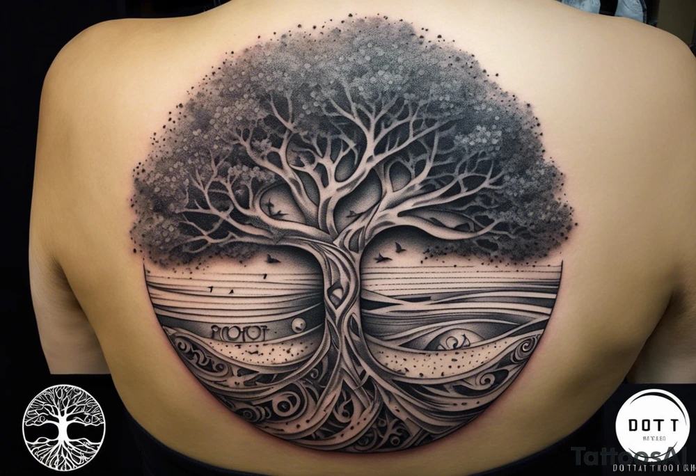 A tattoo design that incorporates the following elements: an abstract tree of life that has roots emerging  from the ground. Waves of water encapsulate the tree and wind around it in an organic way.  Incorporate music.   the letters U and A are overlapping and engraved into the tree. a golf ball incorporated but not prominent. tattoo idea